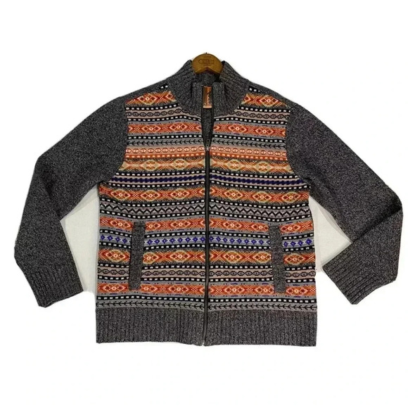 JOGGER 100% Wool Sweater Full Zip Mens Large Pockets Geometric Knit Collared - Picture 10 of 13